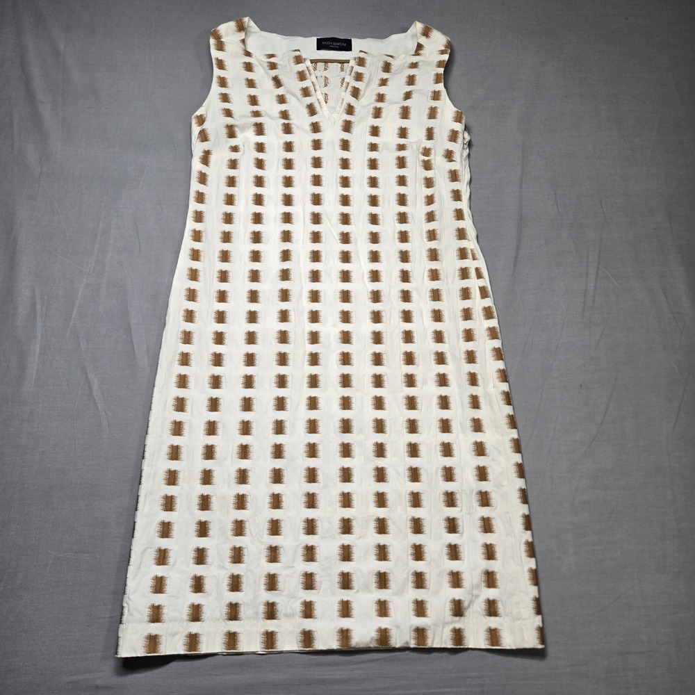Piazza Sempione Shift Dress 38 Cotton White Brown Geometric Sleeveless V-Neck
